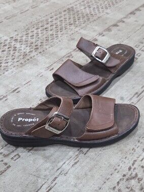 NWOT Propet Women’s Brown Leather Buckle Slide Sandals Size 7.5 Or 7 1/2